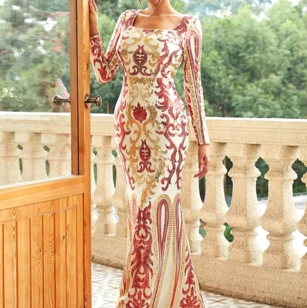 Red, Baroque Print, Square Neck, Long Sleeved, Sequined Mermaid Gown